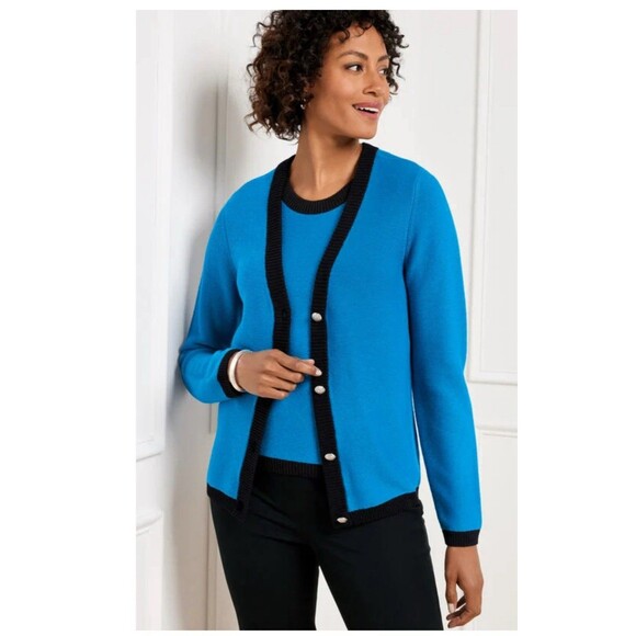 Talbots Sweaters - TALBOTS Tipped Texture V-Neck Cardigan Sweater Plus Size 1X Blue Black NEW